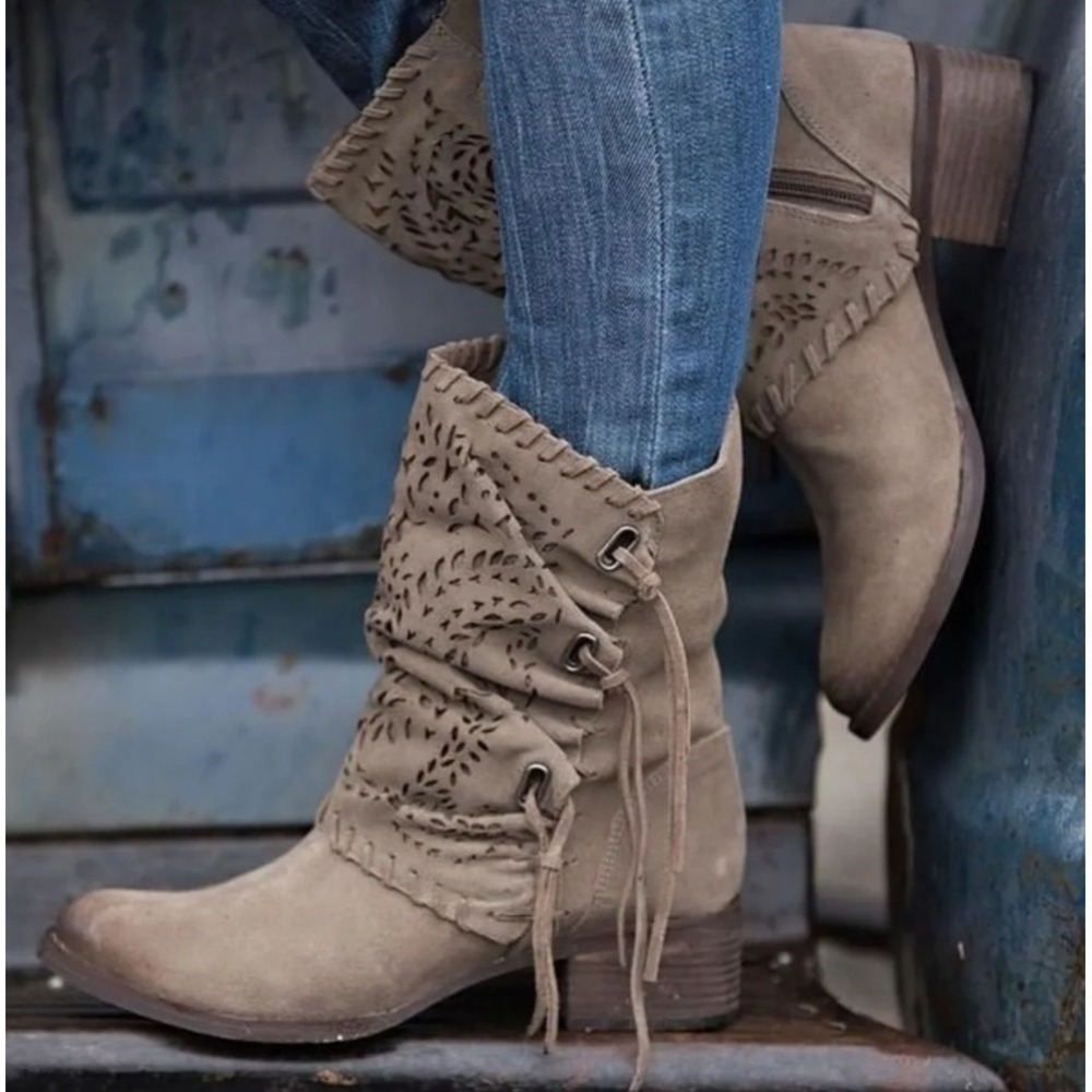Naughty Monkey Vamp Phyer Ankle Boots Taupe Suede Laser Cut Lace Up Size‎ 8